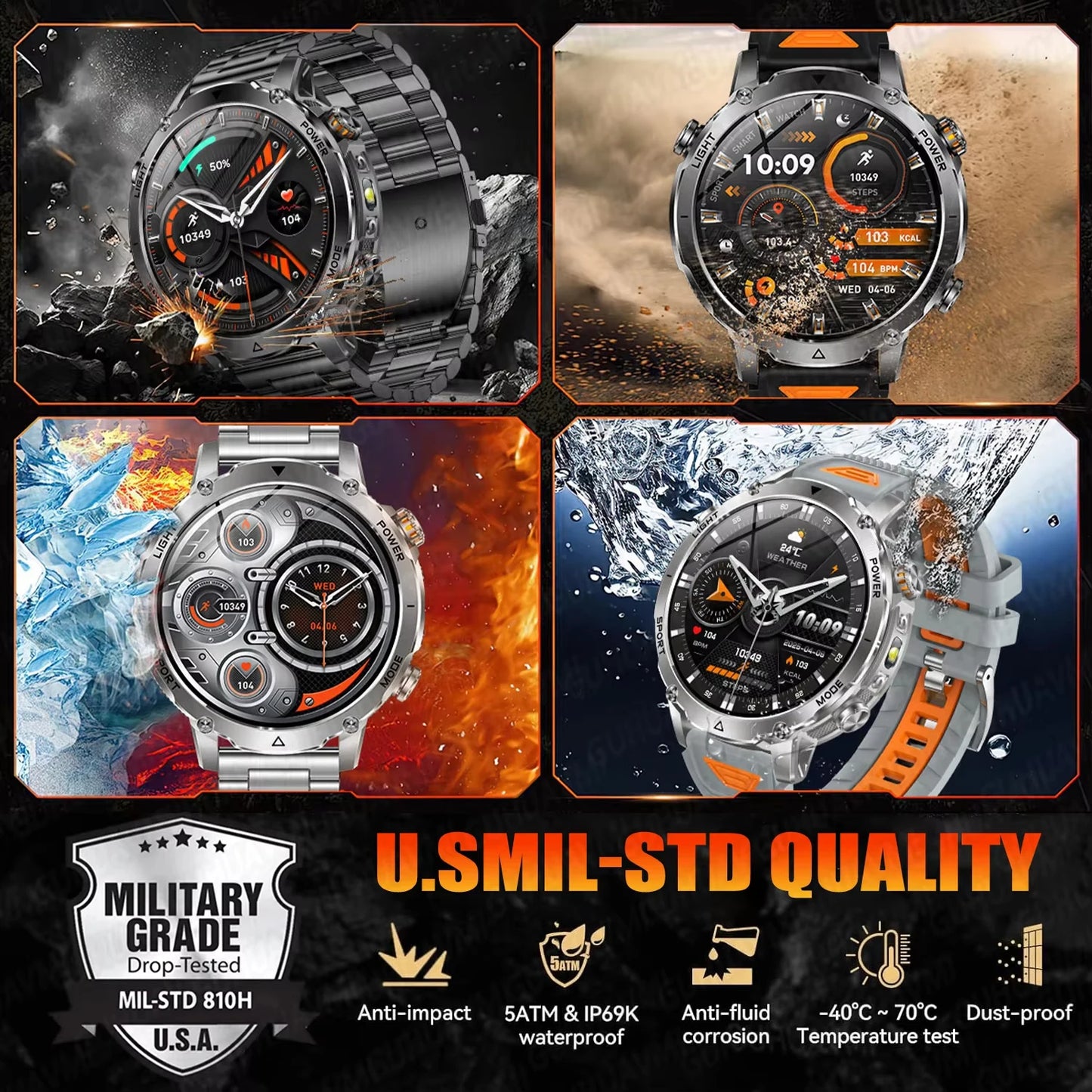 Smart Watch IP68 Waterproof Sports Run tracker Outdoors Compass Military Smartwatch