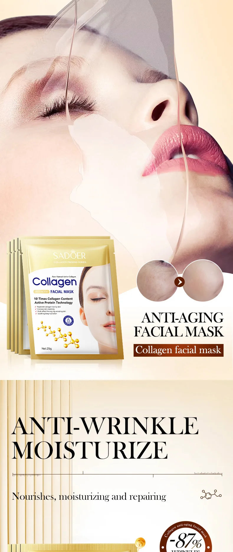 10PCS Collagen Anti Wrinkle Facial Mask Anti Aging Fade Fine Lines Firm Skin Moisturizing Brightening SkinCare Korean Cosmetics