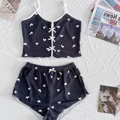 Women's Pajama Set Heart Print Soft Ribbed Fabric Sleepwear with Flirty Frill Trim Casual Cami Top and Shorts Sets Loungewear