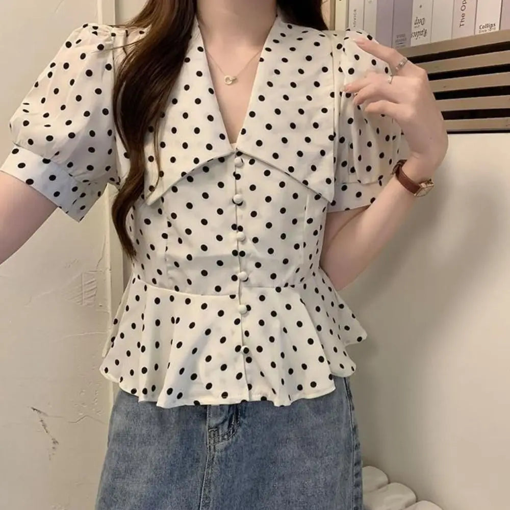 NEW Peter Pan Collar Women's Blouse Retro Summer Polka Dot Shirts Casual Commute Outfit Short Sleeve for Office Ladies