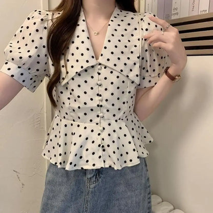 NEW Peter Pan Collar Women's Blouse Retro Summer Polka Dot Shirts Casual Commute Outfit Short Sleeve for Office Ladies