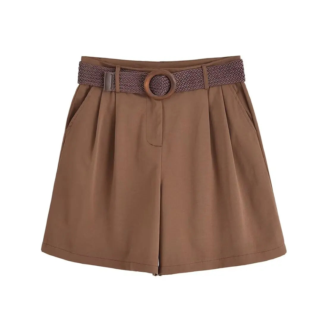 HH Women Elegant Turn-Down Collar Single-Breasted Shirts Top+Chic Mid Waist Belt Decoration Zipper Casual Shorts 2-Piece Set