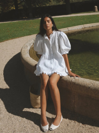 Women 2 Piece Shorts Set Puff Sleeve Button Down Blouse And Ruffle Hem Shorts White Cotton Look Casual Outfits Summer Streetwear