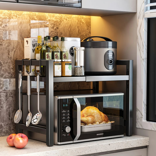 Expandable Microwave Shelf, Microwave Holder with 6 Hooks, Kitchen Storage Rack, Microwave Baking Rack, Extendable 40-64cm