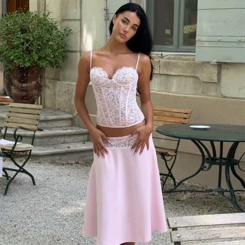 Fashion Women's Pink Lace Corset Skirt Set Slim Sleeveless Waist Cinching Strap Top Loose Skirts 2026 Summer Lady Party Outfits