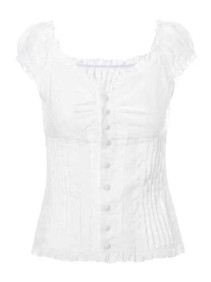Women Blouse Short Sleeve Square Neck Button Down Summer Tops Retro Kawaii Fairycore Y2K Shirts Female