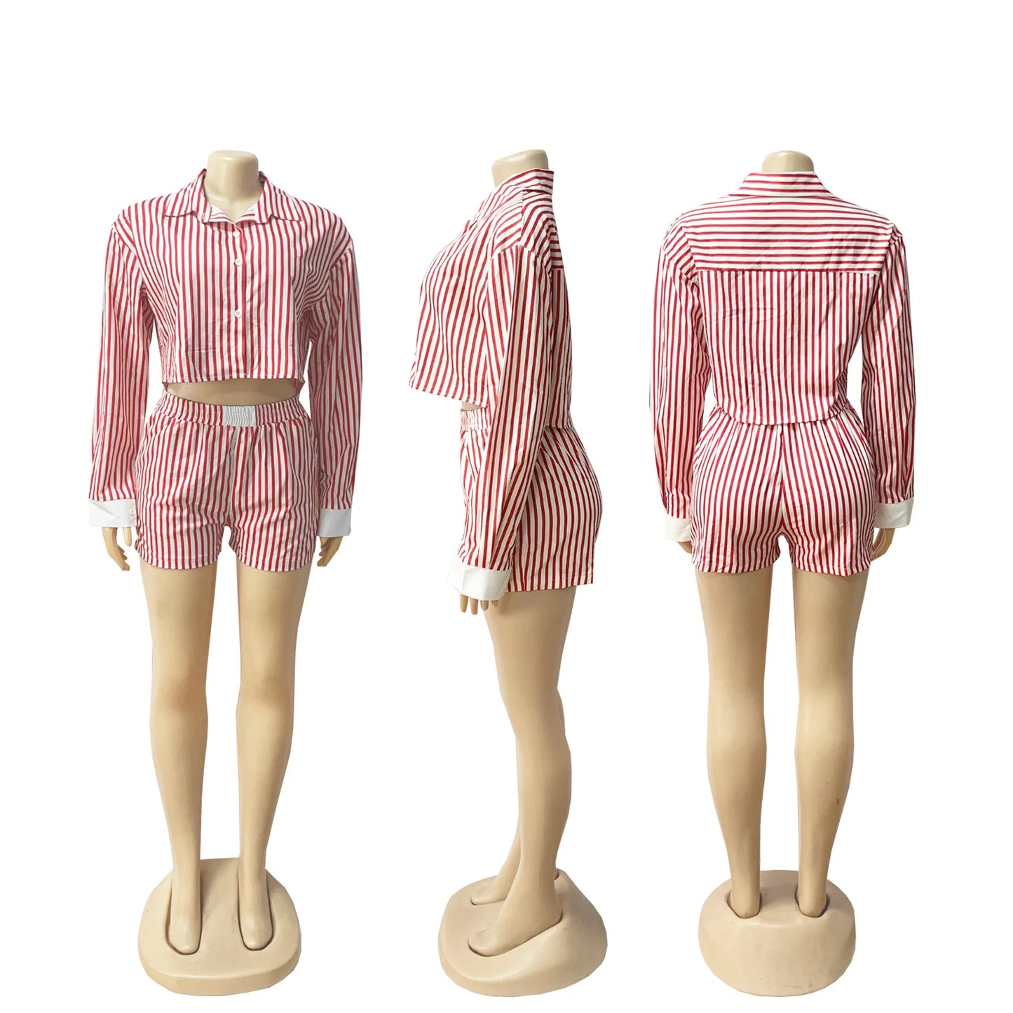 HLJ Spring Summer Ladies Shorts Outfits Stripes Crop Shirt Top + Shorts Two Piece Set Casual Matching Women 2 Piece Clothing Set