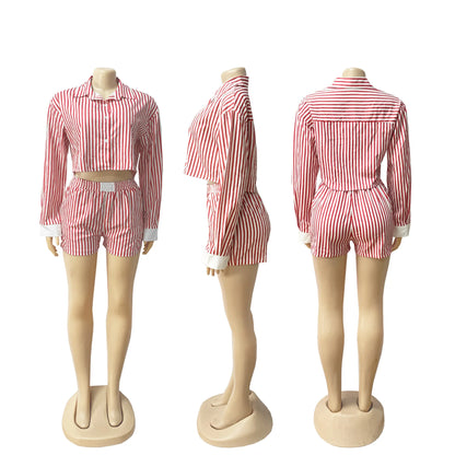 HLJ Spring Summer Ladies Shorts Outfits Stripes Crop Shirt Top + Shorts Two Piece Set Casual Matching Women 2 Piece Clothing Set