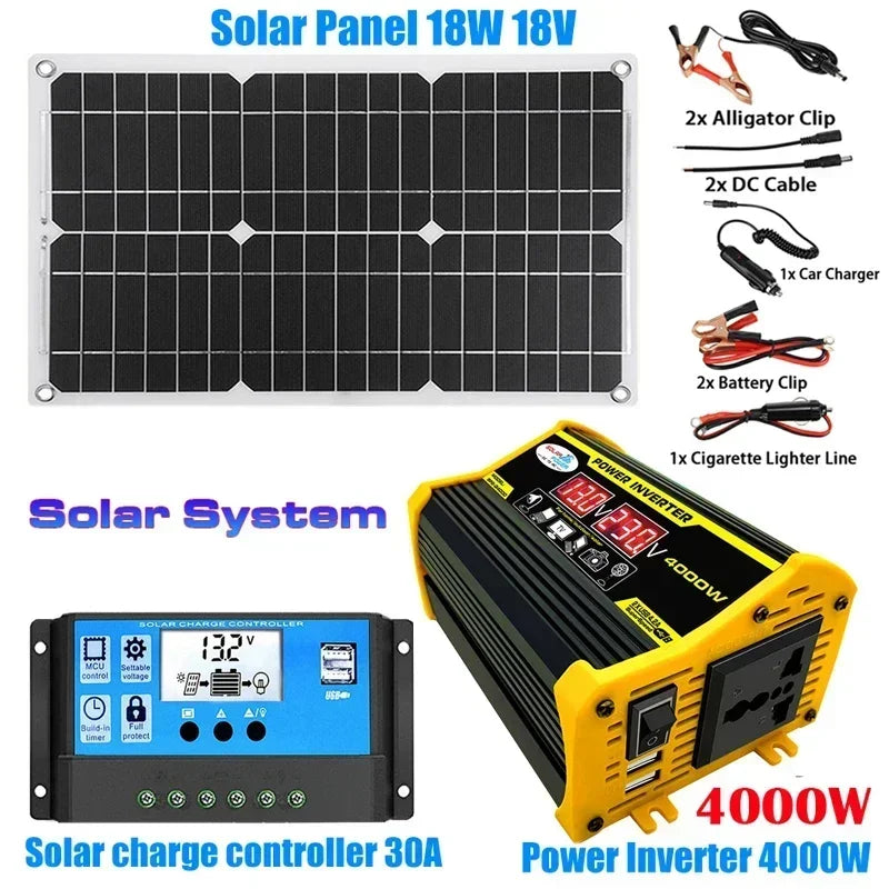 110/220V Solar Power System 18W Solar Panel Battery Charge 30A Controller 6000W 12V 220V Inverter Complete Power Generation Kit