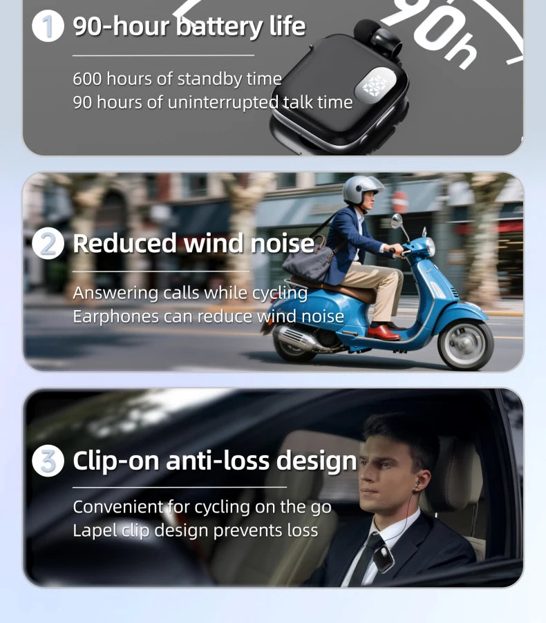 90H Playtime Bluetooth Headset V6 ENC Noise Canceling LED Power Display Retractable lapel clip Earphone for Meeting Driving K91