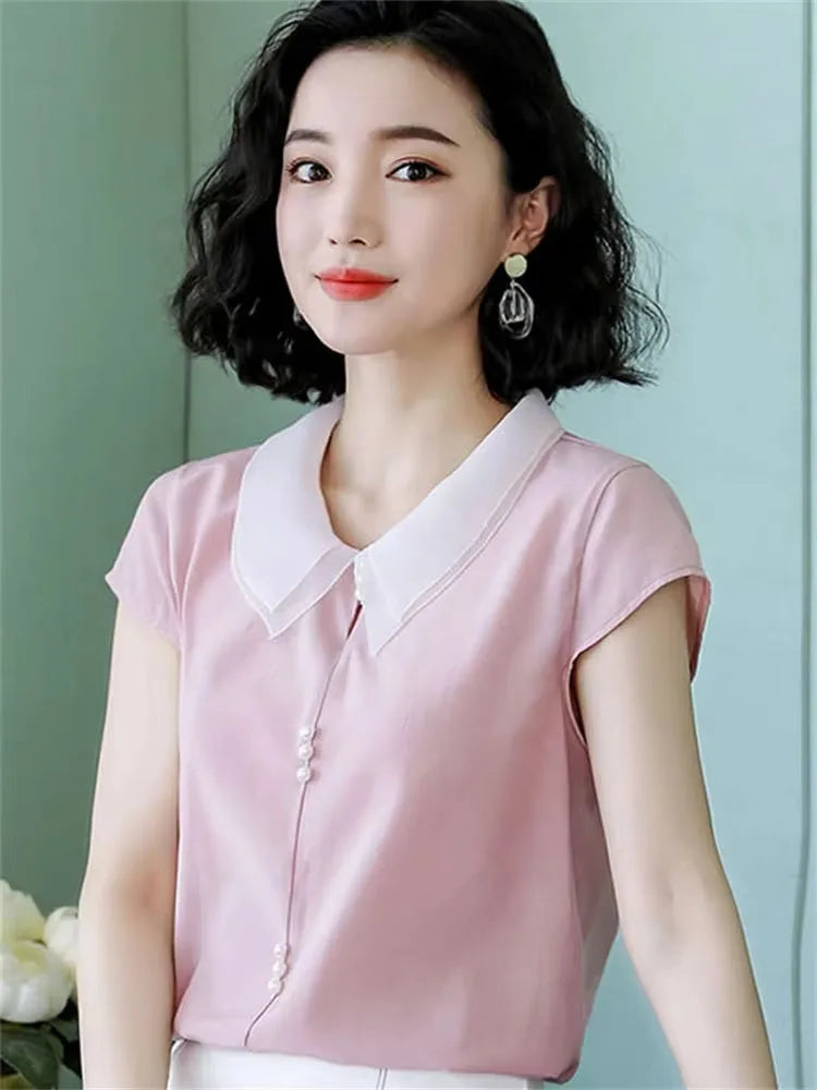 Women Spring Summer Style Blouses Shirts Lady Casual Short Sleeve Peter Pan Collar Blue Pink Blusas Tops