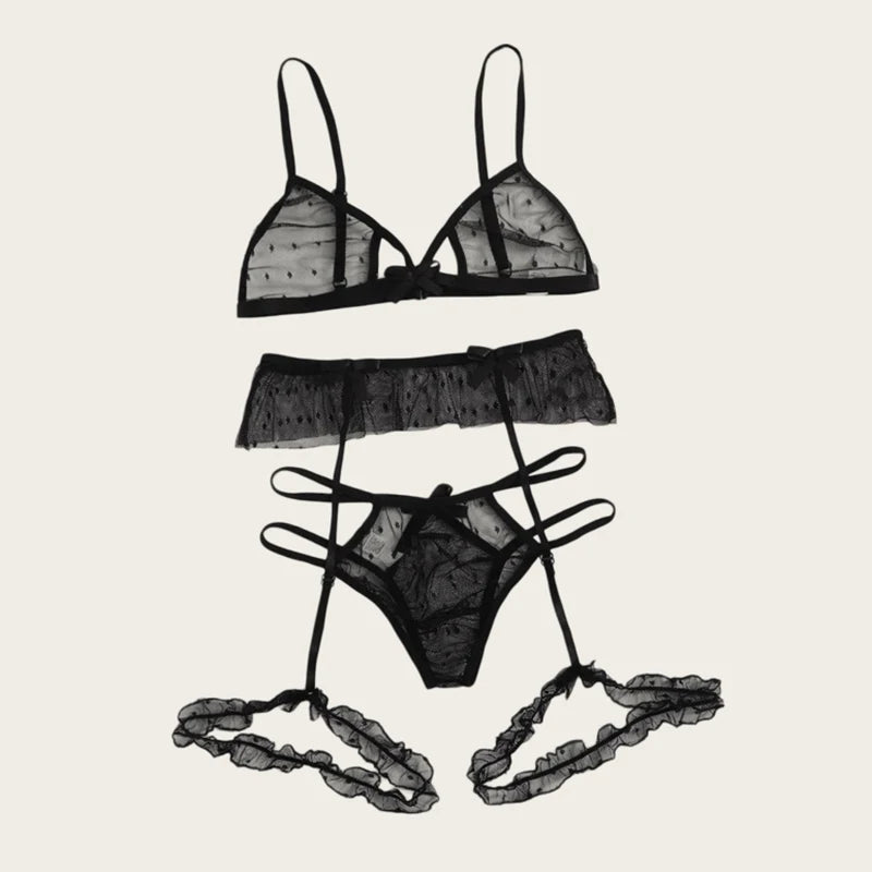 Bra set Women Sexy Mesh Lingerie Set Polka Dot Transparent Harness Lingerie Hollow Out Bralette+Garter+Thong 3pcs Underwear Set