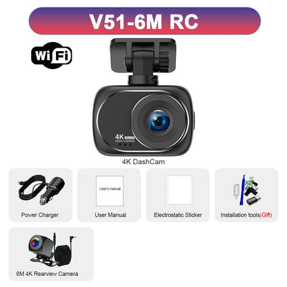 Dash Cam 4K UHD Recording Car Camera DVR Night Vision Video Recorder GPS Wi-Fi Support Dual Lens 4K Rear View Camera