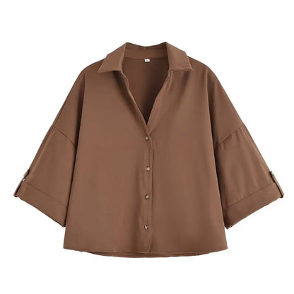 HH Women Elegant Turn-Down Collar Single-Breasted Shirts Top+Chic Mid Waist Belt Decoration Zipper Casual Shorts 2-Piece Set