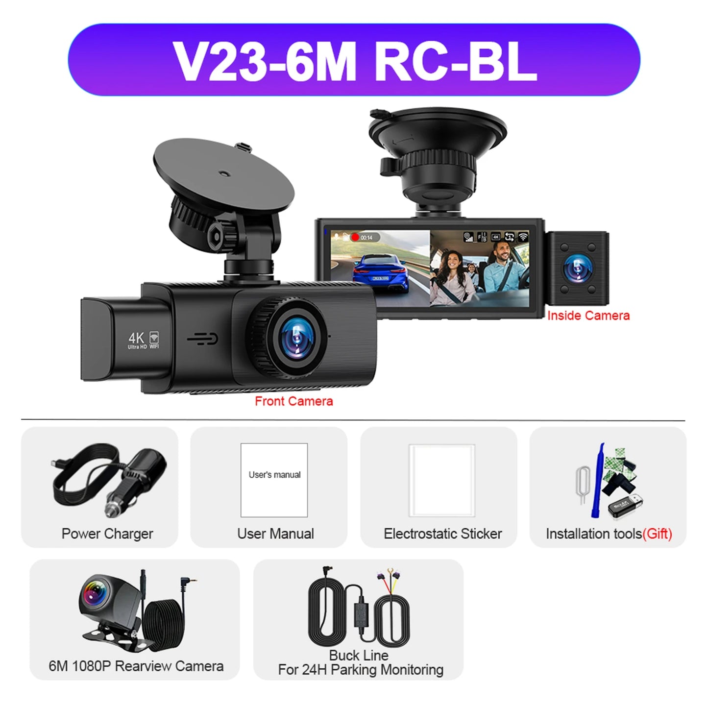 3 Channel WiFi 4K Dash Cam Front and Inside DashCam 1080P Rear Camera Night Vision 24H Parking Car DVR Black Box Support GPS
