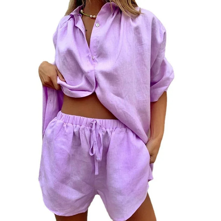 2024 Summer New Women's 2-piece set Solid Single breasted Short sleeve Shirt Two piece Set Wide Leg Lace-up Shorts For Women