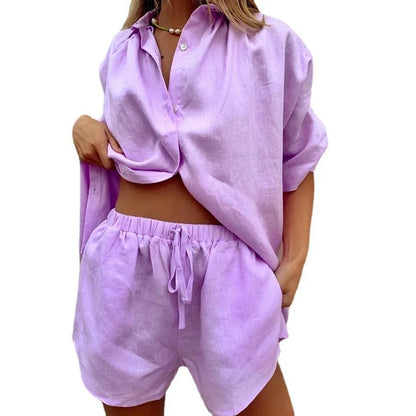2024 Summer New Women's 2-piece set Solid Single breasted Short sleeve Shirt Two piece Set Wide Leg Lace-up Shorts For Women