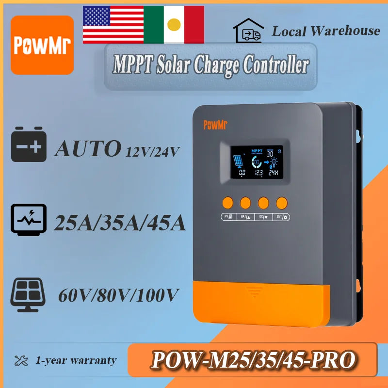 PowMr MPPT 25A 35A 45A Solar Charge Controller 12V 24V Auto Multi-Battery Compatibility & Protection Max PV 100V for Solar Home