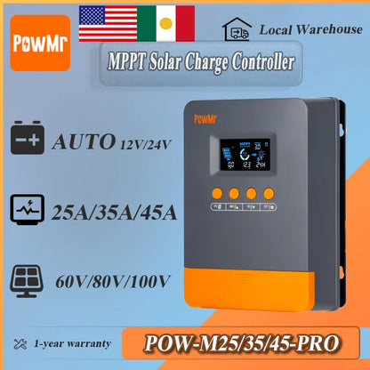 PowMr MPPT 25A 35A 45A Solar Charge Controller 12V 24V Auto Multi-Battery Compatibility & Protection Max PV 100V for Solar Home