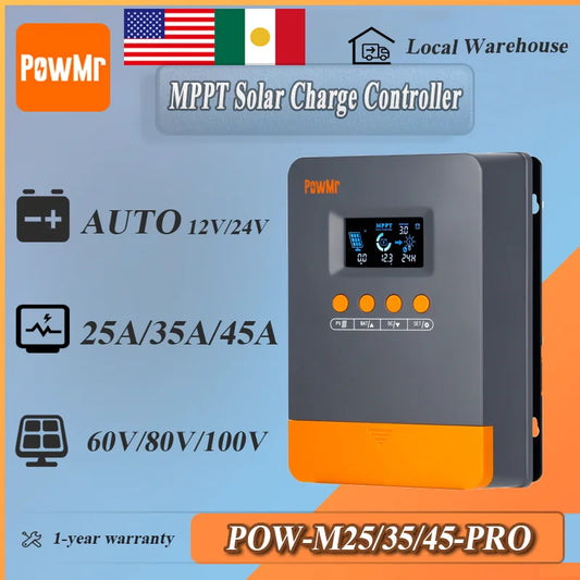 PowMr MPPT 25A 35A 45A Solar Charge Controller 12V 24V Auto Multi-Battery Compatibility & Protection Max PV 100V for Solar Home
