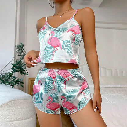 Women Sexy V Neck Sleepwear Heart Print Satin Pajama Set for Summer Cami Tops and Shorts Pajamas 2 Piece Loungewear Home Clothes