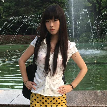 Karrram Japanese Y2k Polka Dots Shirt 2000s Style Aesthetics V-neck Blouses Vintage Harajuku Short Sleeve Shirt Korean Retro 90s