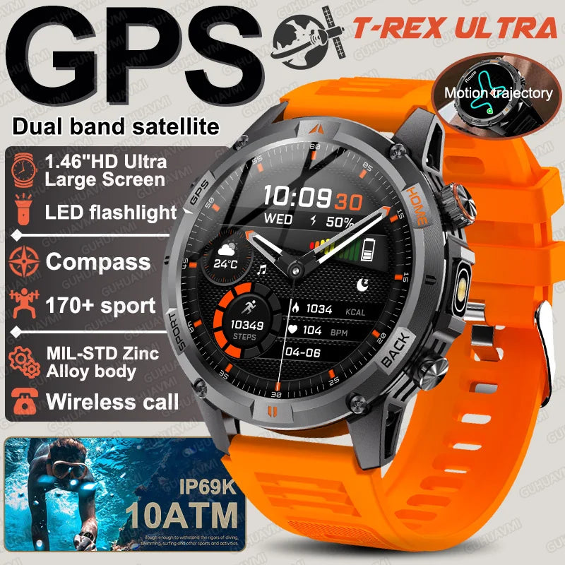 New Military GPS Smart Watch GPS LED Waterproof Heart Rate Sport BT Call HD AMOLED Smartwatch