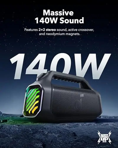 140W Bluetooth 5.3 Portable Speaker: 2+2 Channel, BassUp 2.0, 20-Hour Playback, IPX7 Floatable, RGB Lighting, Fast Charge,