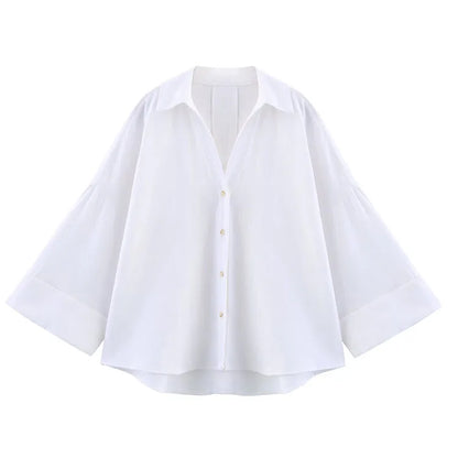 HipSeam Wide Sleeved Shirt Women Spring Asymmetric Hem Button Women's Shirts Simple Lady Johnny Collar Shirts & Blouses