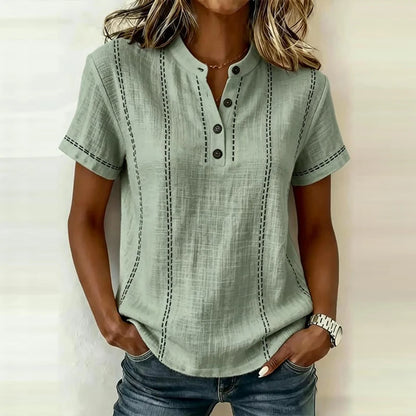Elegant Women Blouse Shirt V Neck Button Patchwork Short Sleeve Shirts For Women Summer Striped Loose Tee Women Casual T-shirts