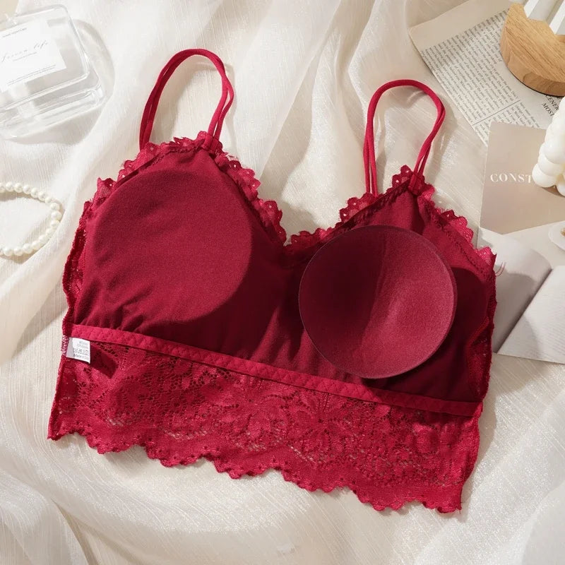 Women's Sexy Lace Bra Suit Solid Set Beautiful Back Hollow Out No Steel Ring Underwear With Lace Flower Breathable Panties