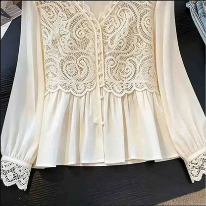 White Lace Blouse Patchwork Shirt Long Sleeved Top luxury Temperament Shirt Hollow Lacey Blous Vneck Ladies Blouses