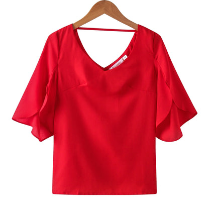 Women Chiffon Short Sleeve Shirt Sexy V-neck Loose Ruffled Chiffon Blouse.