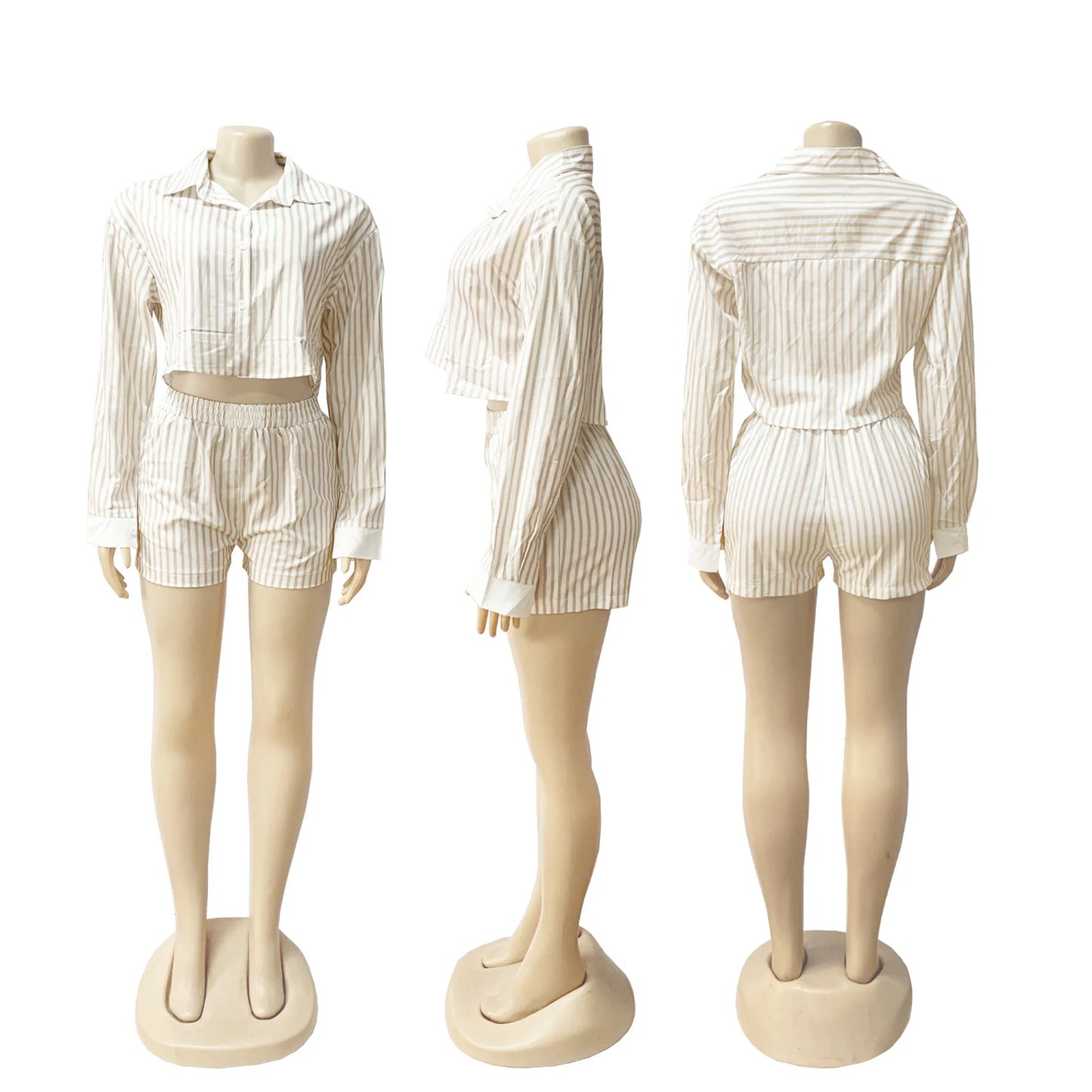 HLJ Spring Summer Ladies Shorts Outfits Stripes Crop Shirt Top + Shorts Two Piece Set Casual Matching Women 2 Piece Clothing Set