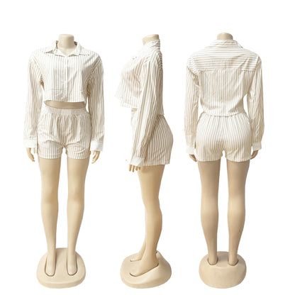 HLJ Spring Summer Ladies Shorts Outfits Stripes Crop Shirt Top + Shorts Two Piece Set Casual Matching Women 2 Piece Clothing Set