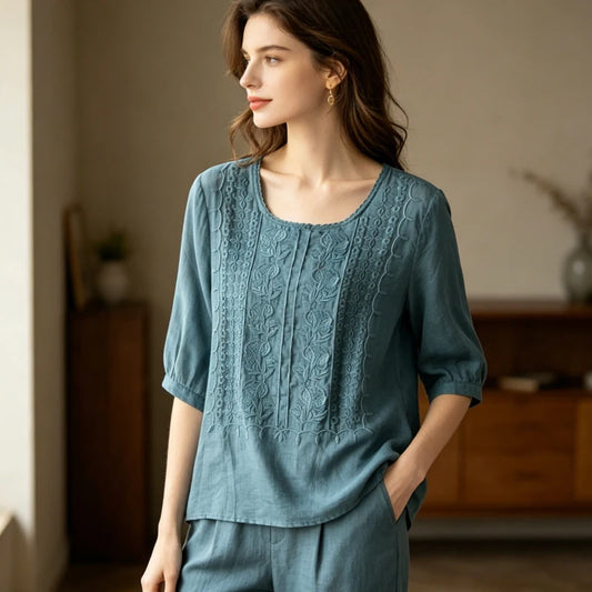Vintage Floral Embroidery Blouse Loose Short Sleeve Top Elegant Solid Color Blouses Casual Lightweight Summer Shirt For Women
