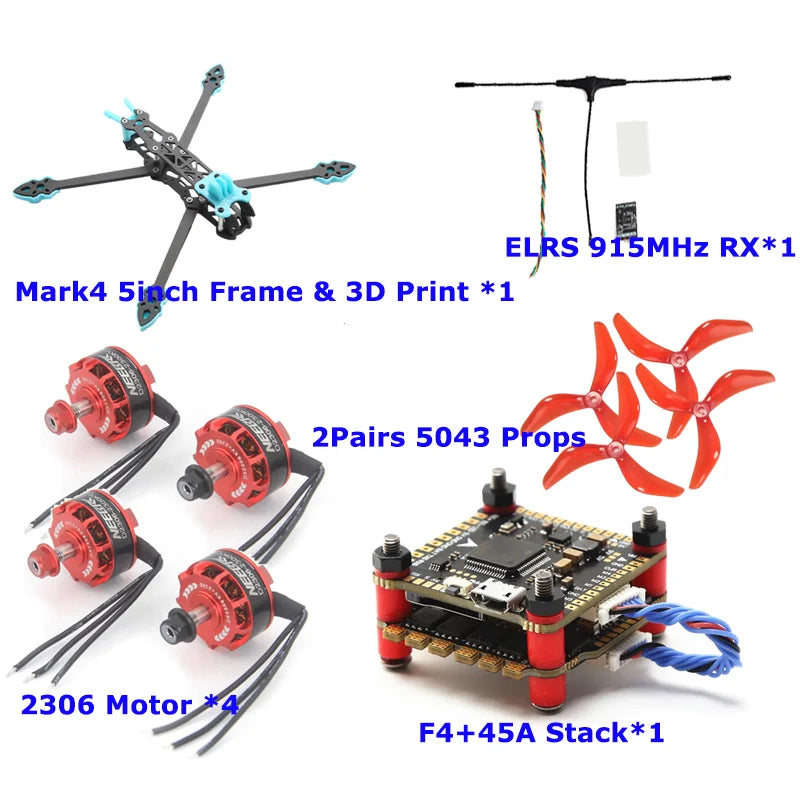 Mark4 5inch FPV Frame Kit 2306 Motor F4V3S PLUS FC 45A ESC Stack ELRS 915MHz RX 5043 Prop GPS Print Part for RC fpv Racing Drone