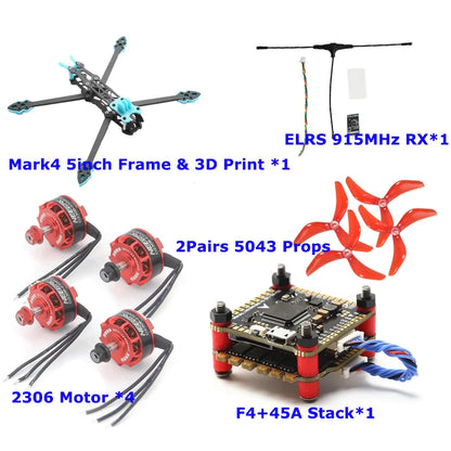 Mark4 5inch FPV Frame Kit 2306 Motor F4V3S PLUS FC 45A ESC Stack ELRS 915MHz RX 5043 Prop GPS Print Part for RC fpv Racing Drone