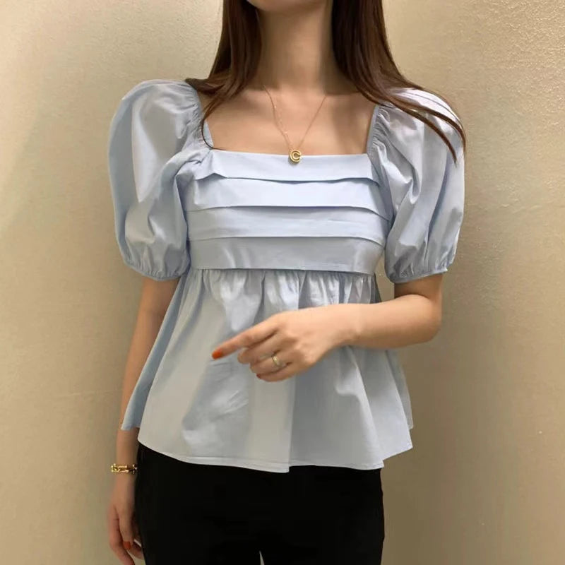 Elegant Square Neck Summer White Blouse Fashion Women New Puff Short Sleeve Simple Shirt Ladies Casual Pleated Short Tops