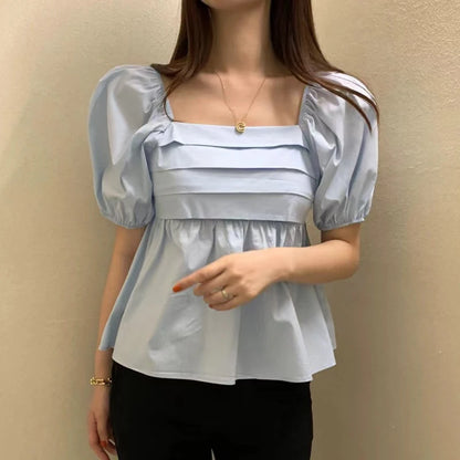 Elegant Square Neck Summer White Blouse Fashion Women New Puff Short Sleeve Simple Shirt Ladies Casual Pleated Short Tops