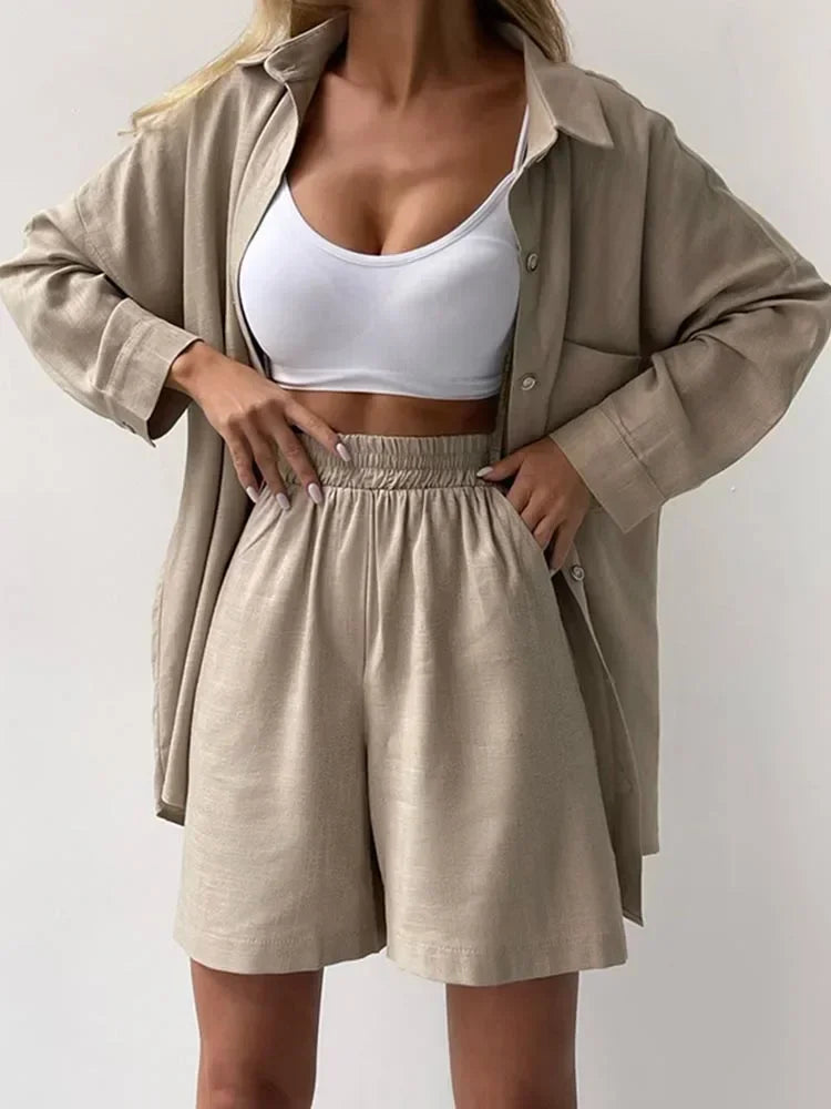 Summer Women's Suit Shirt and Short Sets Solid Color Casual Cotton and Linen Blouse and Shorts Two Piece Sets Women Outfit 2026