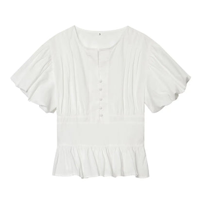 Women's Puff Sleeve Blouse New 2026 Spring Summer Vintage Simple O Neck Button Women Pintuck Shirts & Blouses Chic Female Tops