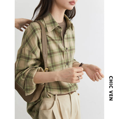 CHIC VEN Women Shirts Loose Casual New Sanding Plaid Shirt Long Sleeve Medium Long Length Blouses Female Tops Spring Autumn 2025