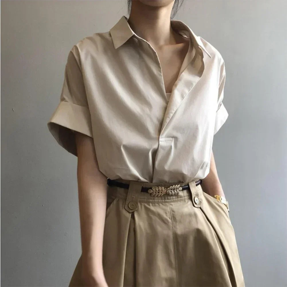 Women Blouses Spring Summer Breathable Simple Short Batwing Sleeve Turn Town Quick Dry Collar Shirts Solid Color Female Clothing