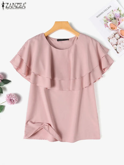 ZANZEA 2025 Women Shirts Vintage Round Neck Short Sleeve Blouses Fashion Double Ruffled Blusas Casual Pleated Solid Tops Femme