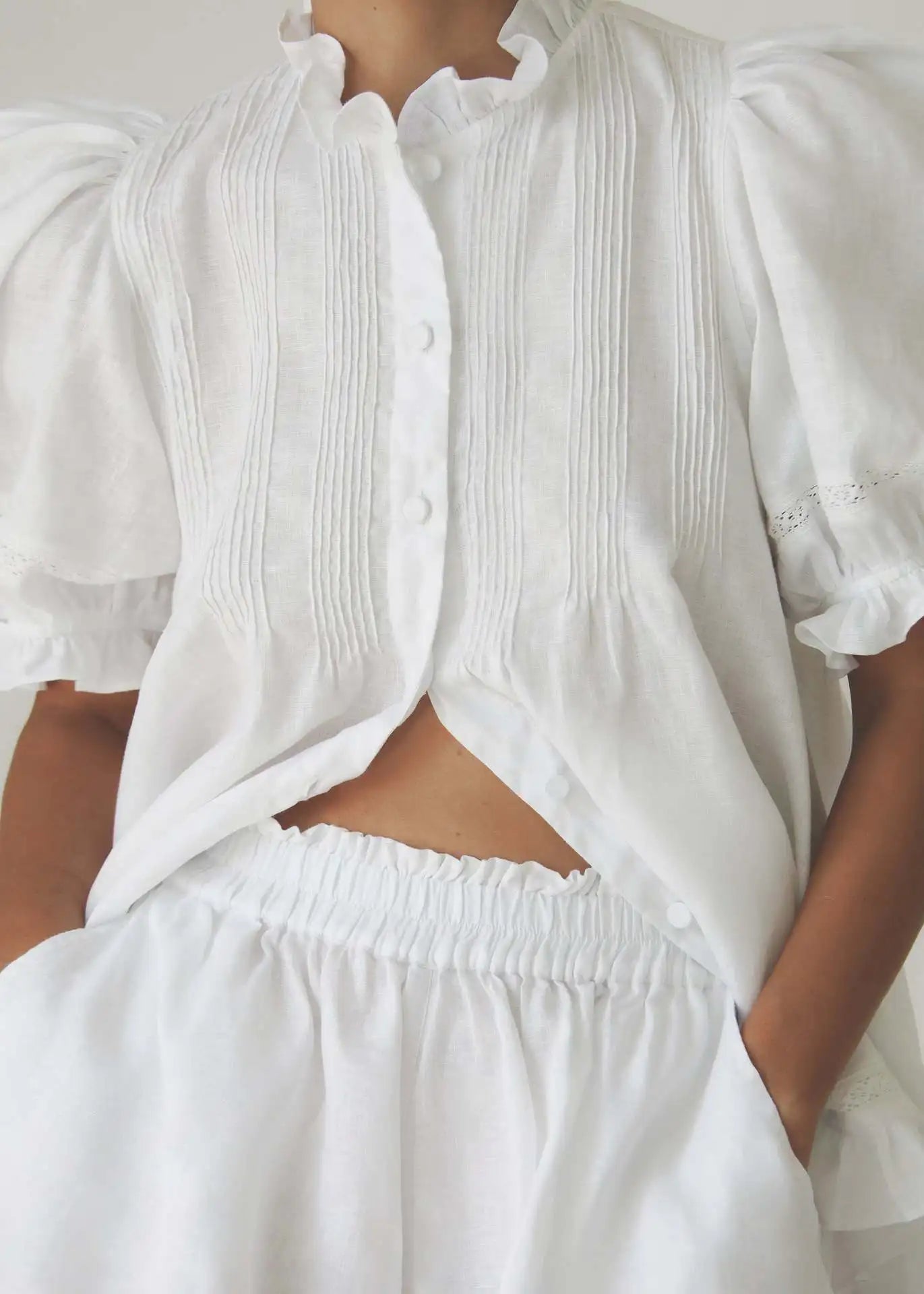 Women 2 Piece Shorts Set Puff Sleeve Button Down Blouse And Ruffle Hem Shorts White Cotton Look Casual Outfits Summer Streetwear