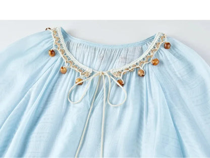 SENTUBILA Women's 2 Piece Bohemian Blouse Summer Set 2026 Beaded Tie Top Elastic Waist Shorts Clothing Set 161ZC4660