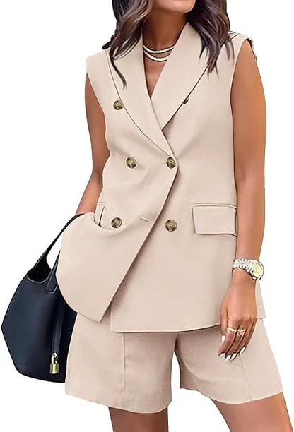 Fashionable Backless Button Sleeveless Top + Shorts Two-piece Sets Women Summer Casual Loose Lapel Shirt Shorts Set For Women