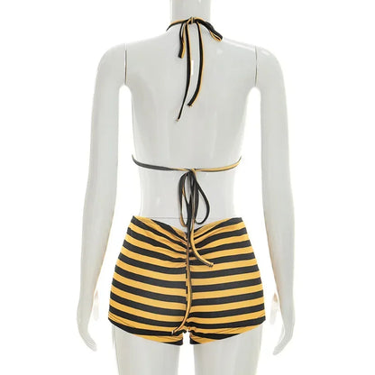 Women Striped Print 3 Piece Short Sets Summer Sexy Halter Lace-up Bra Short Sleeve Crop Top Shorts Matching Sets Beach Vacation