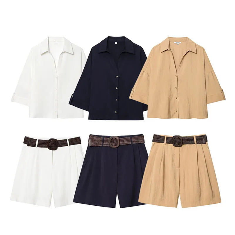 HH Women Elegant Turn-Down Collar Single-Breasted Shirts Top+Chic Mid Waist Belt Decoration Zipper Casual Shorts 2-Piece Set
